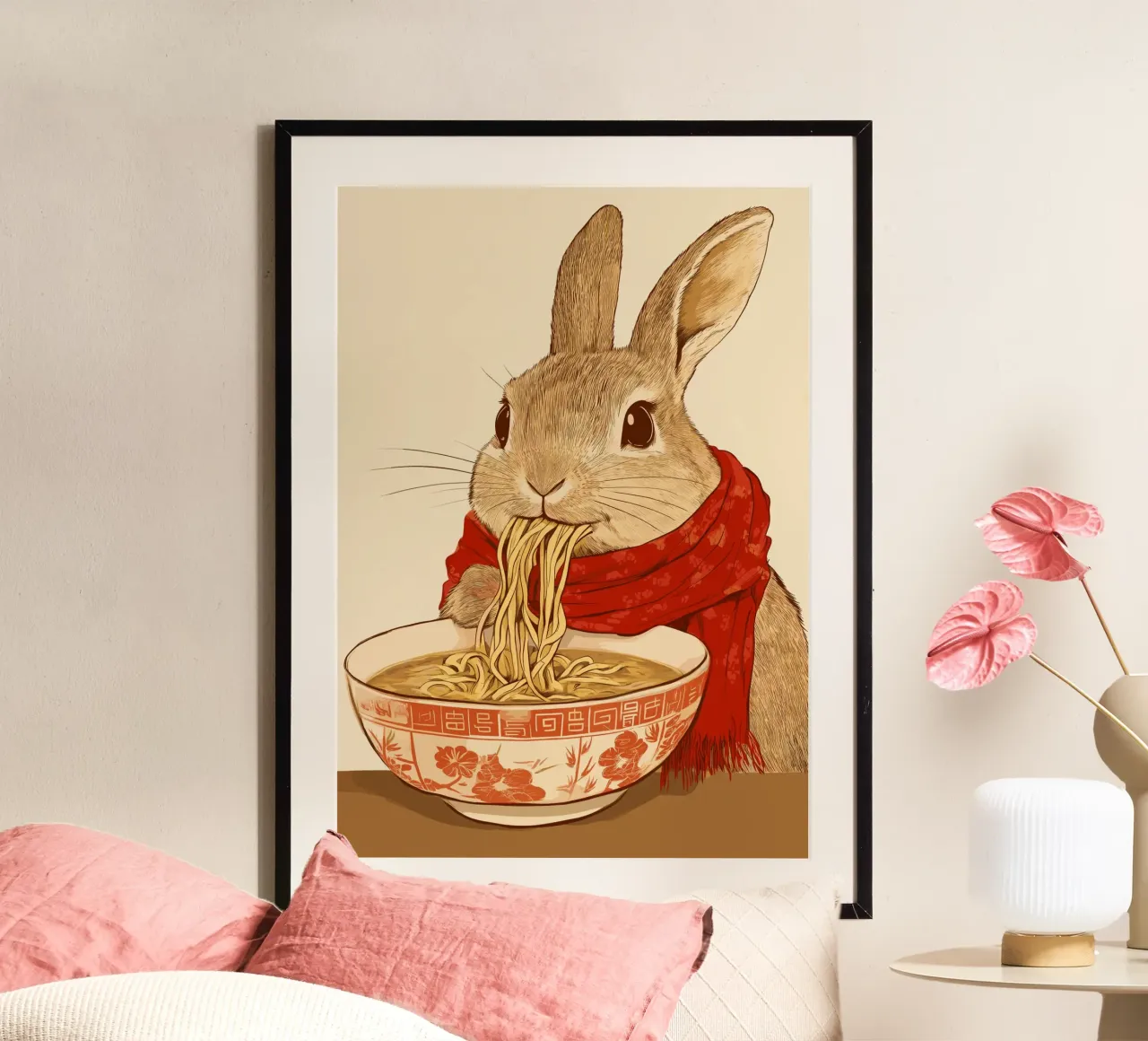 Coniglietto con sciarpa e ciotola di ramen poster con telaio in plastica da pixelbull - medieval art and more