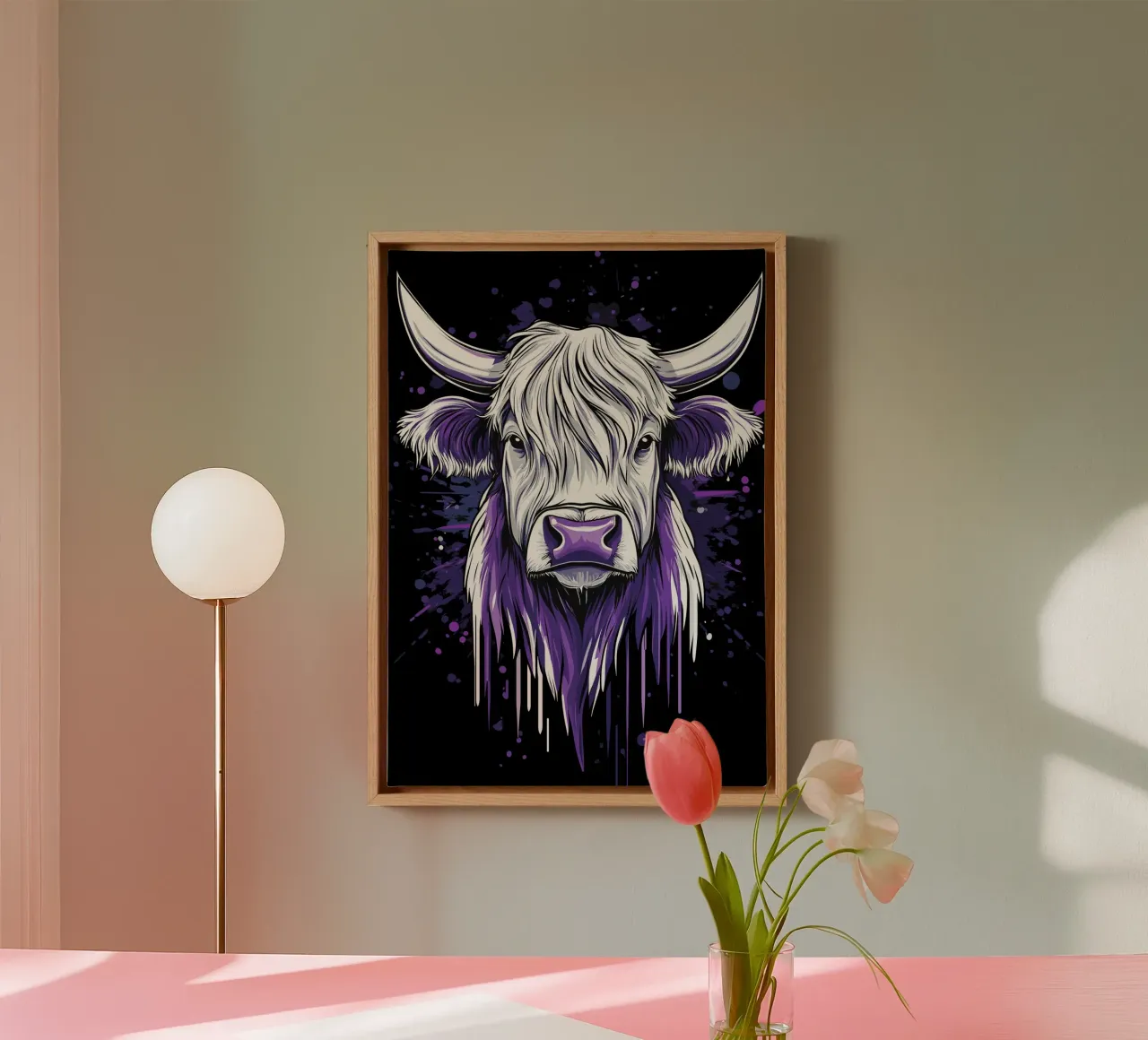 Vache Highland avec une note violette toile avec Caisse américaine de pixelbull - medieval art and more