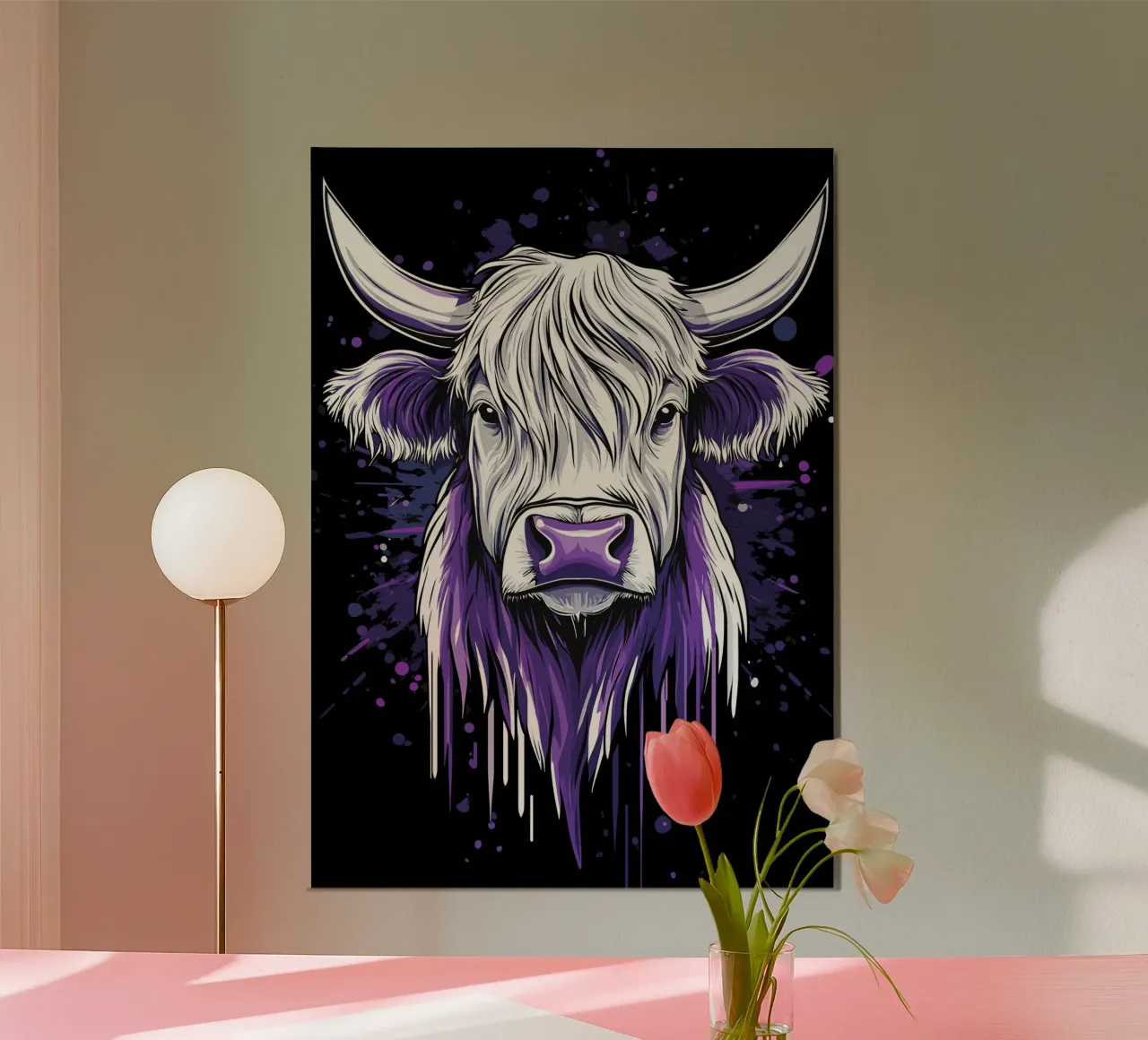 Vache Highland avec une note violette poster de pixelbull - medieval art and more