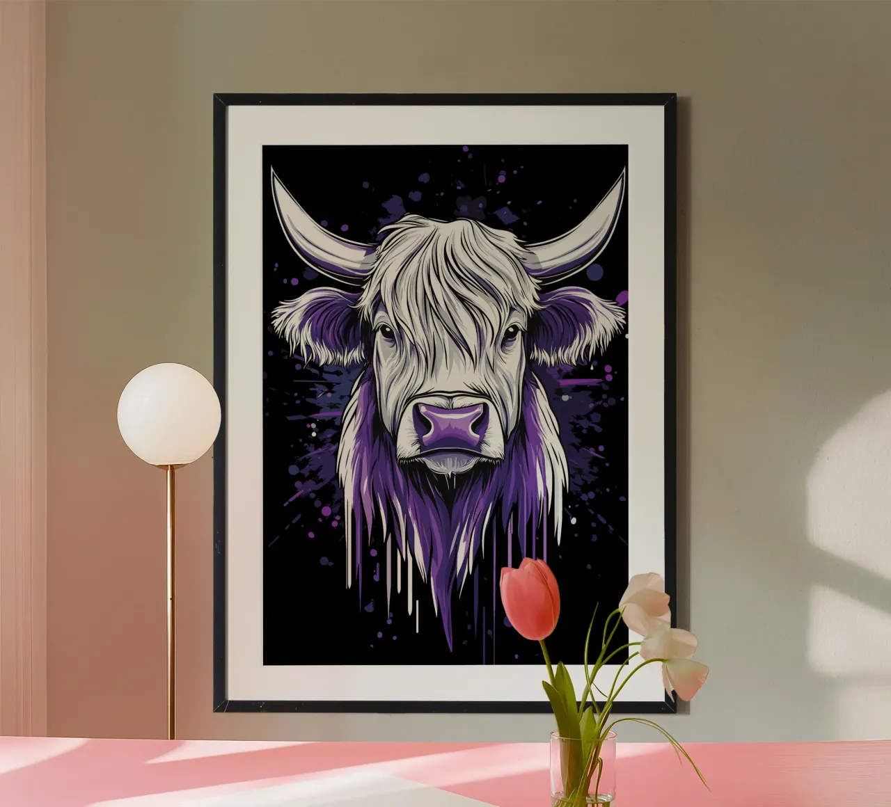 Vache Highland avec une note violette poster de pixelbull - medieval art and more