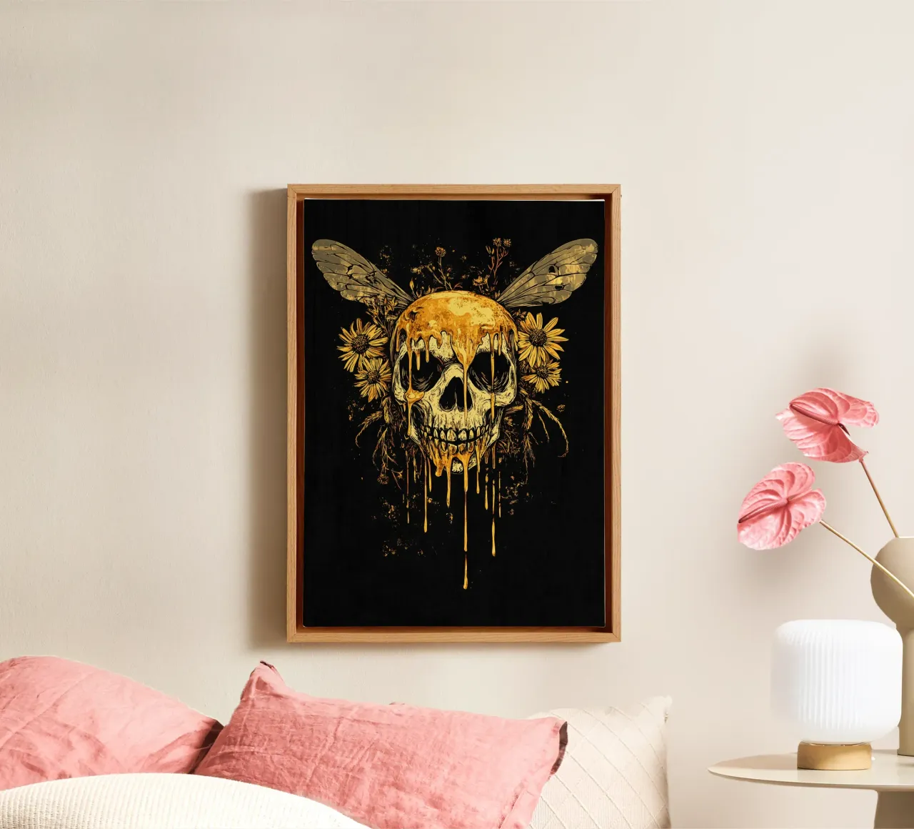 Golden skull with honey and wings canvas with Floater frame by pixelbull - medieval art and more
