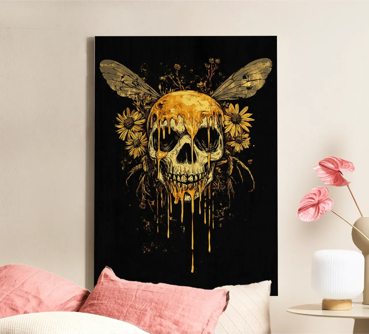 Golden skull with honey and wings canvas with Floater frame by pixelbull - medieval art and more