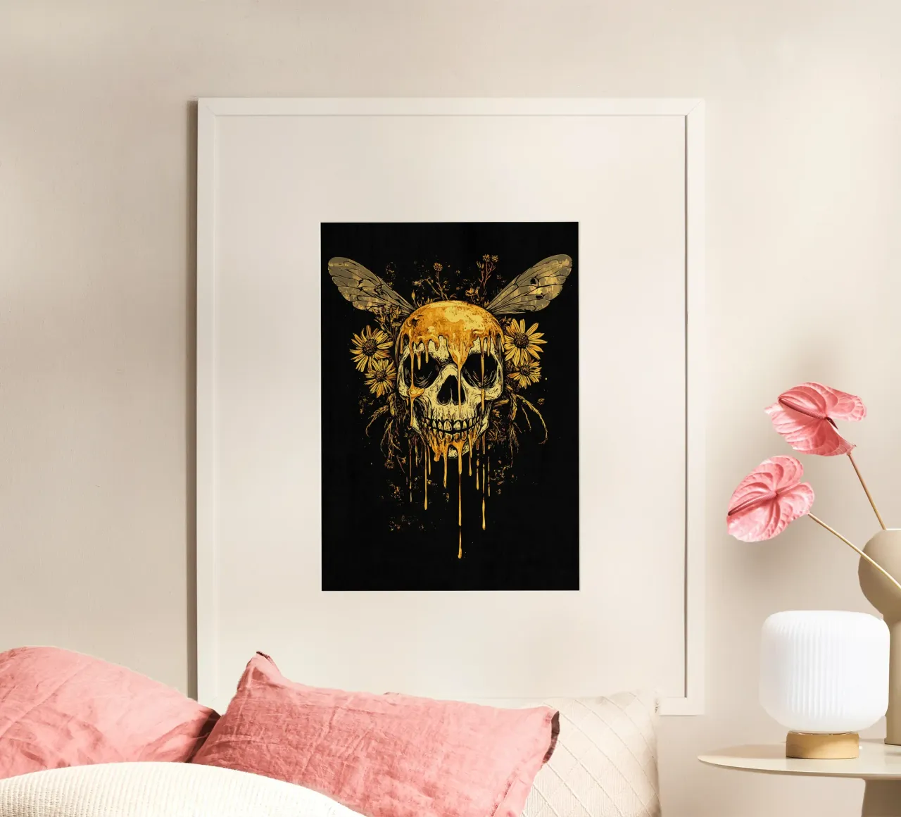 Teschio d'oro con miele e ali poster con telaio in plastica da pixelbull - medieval art and more