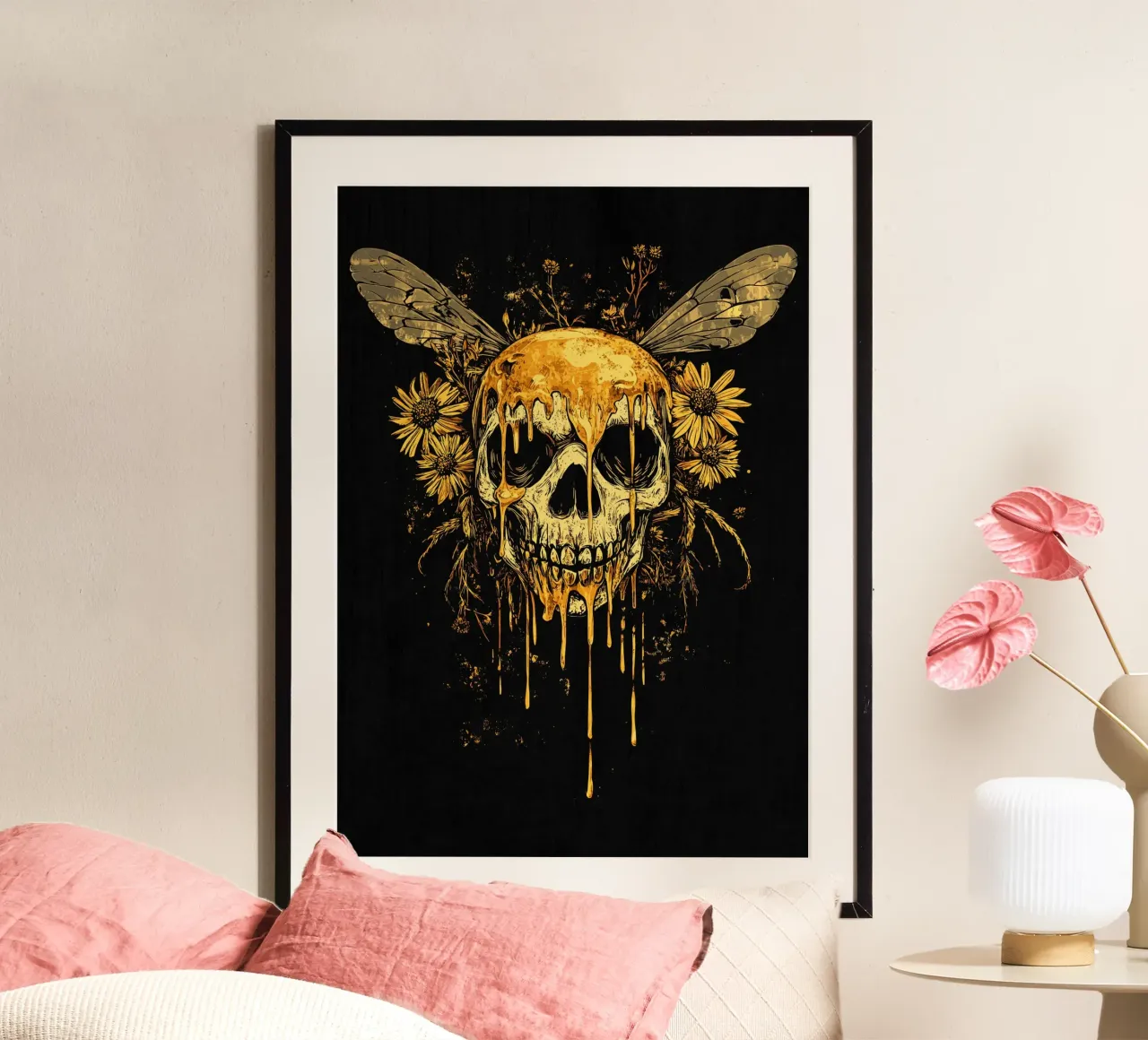 Teschio d'oro con miele e ali poster con telaio in plastica da pixelbull - medieval art and more