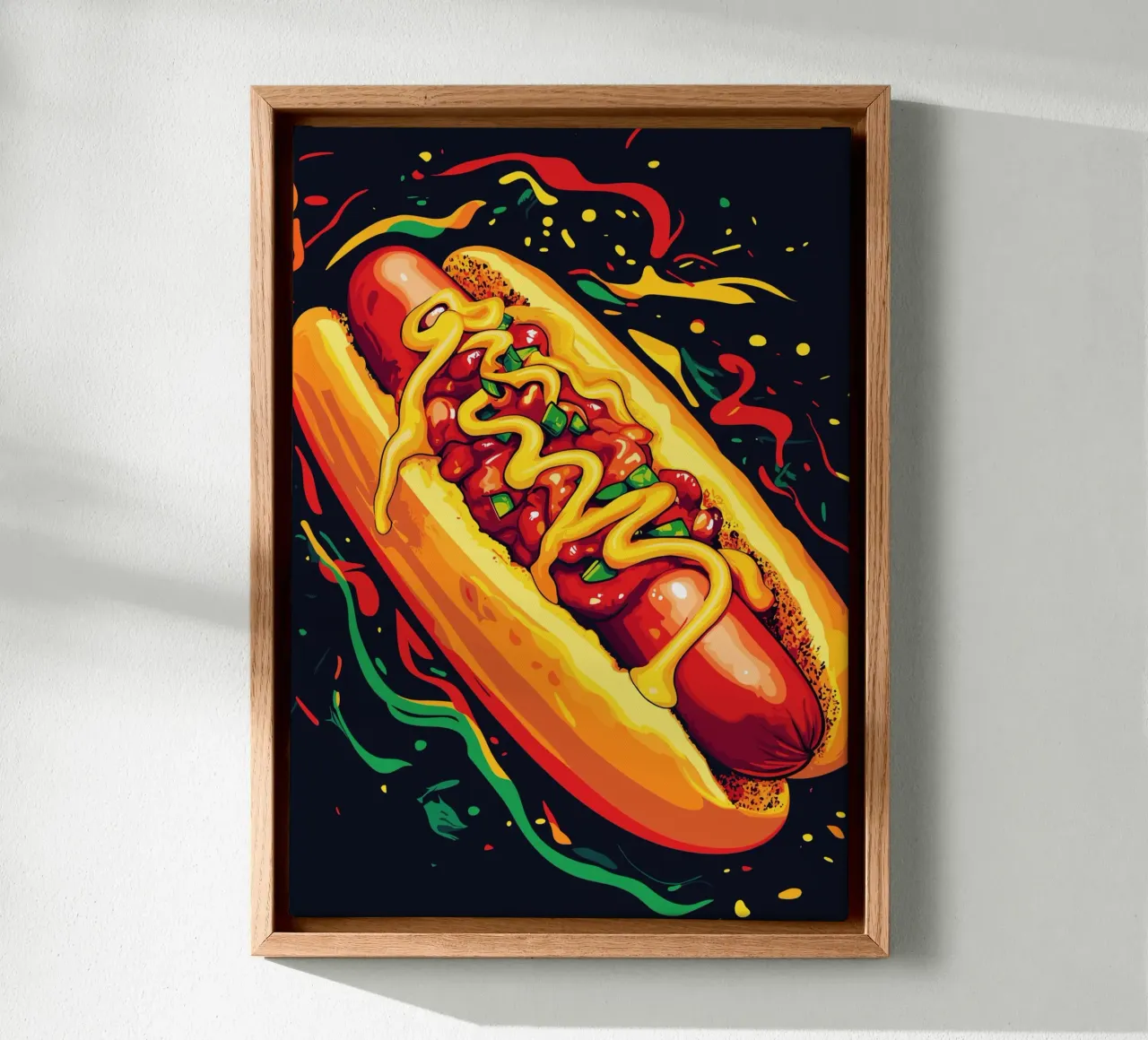 Fiery hot dog in pop art style canvas with Floater frame by pixelbull - medieval art and more