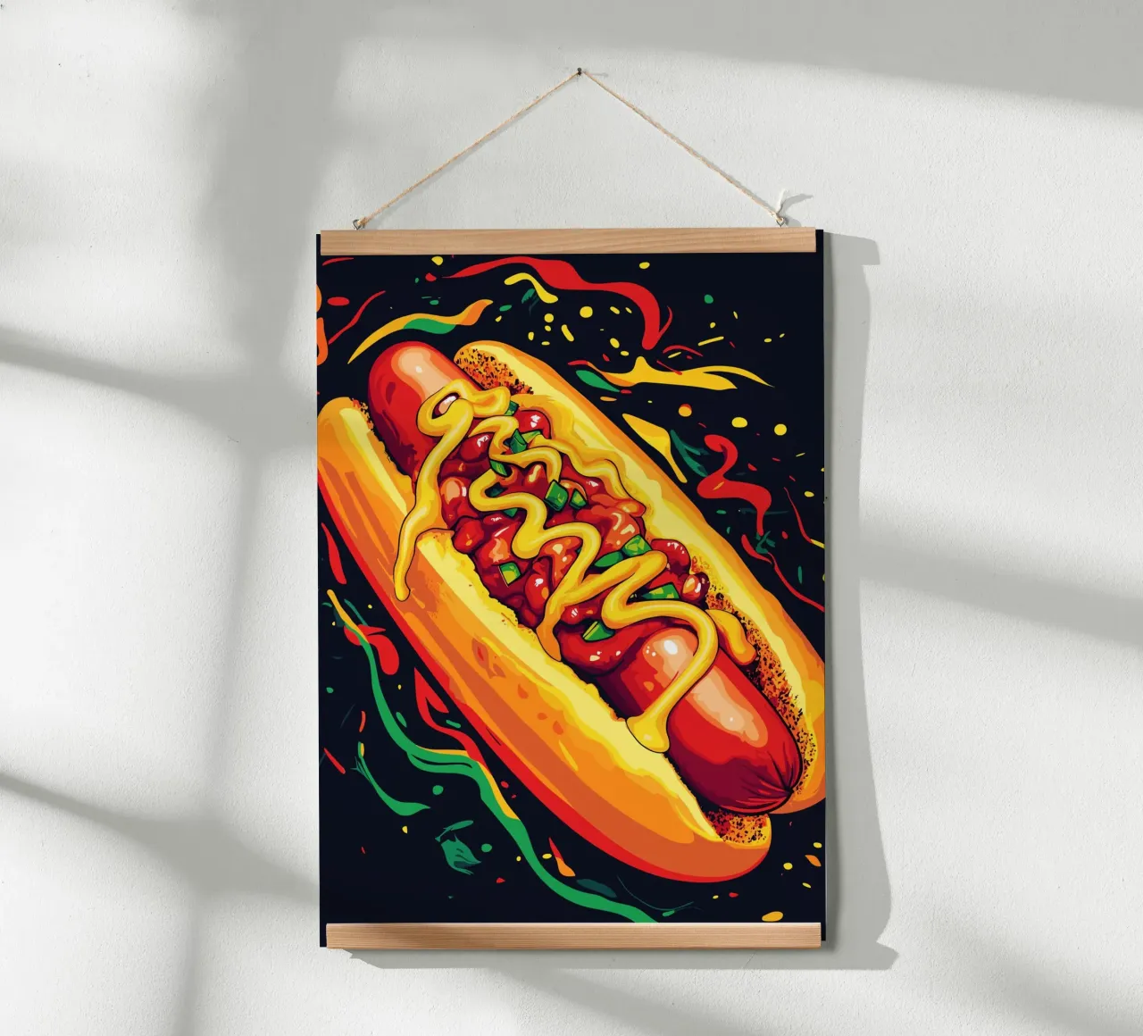 Perrito caliente en estilo pop art poster con marco de madera de pixelbull - medieval art and more