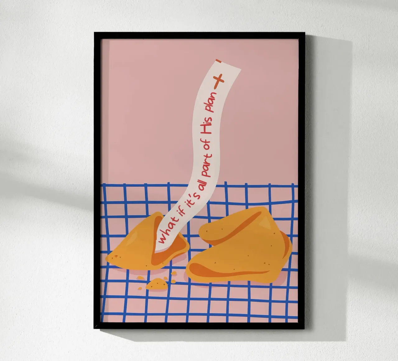 "E se tutto facesse parte del Suo piano?" Biscotto della fortuna poster con telaio in legno da vintagepod