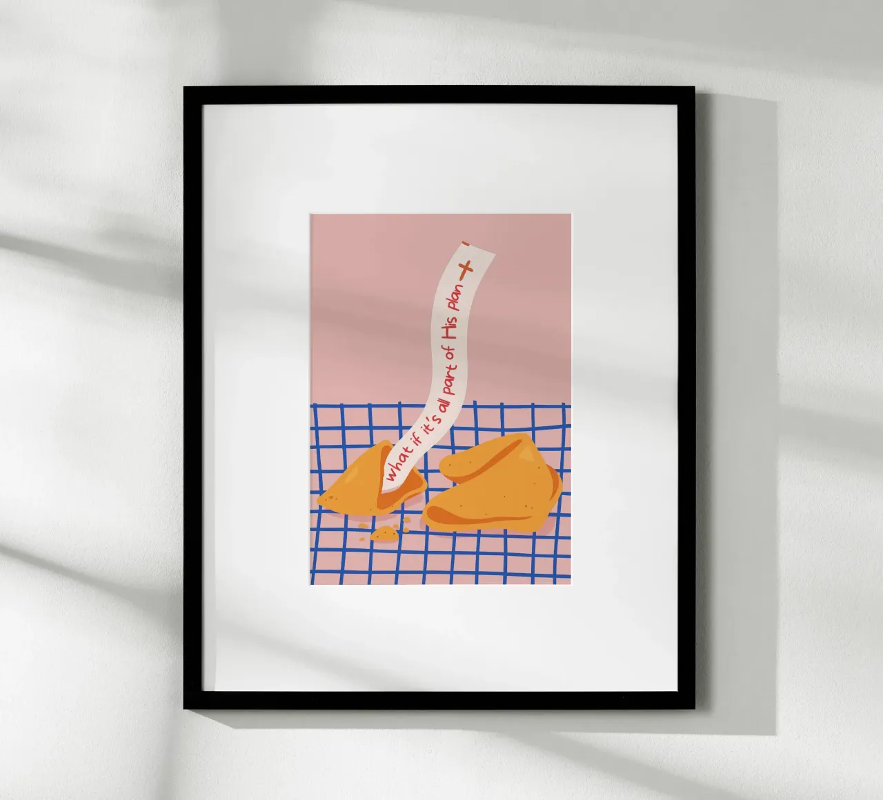 "E se tutto facesse parte del Suo piano?" Biscotto della fortuna poster con telaio in legno da vintagepod