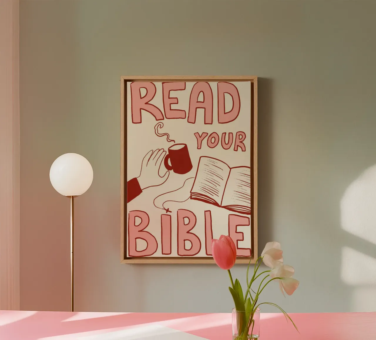 Lees je bijbel, koffie en bijbel kunstdruk canvas met Baklijst van vintagepod