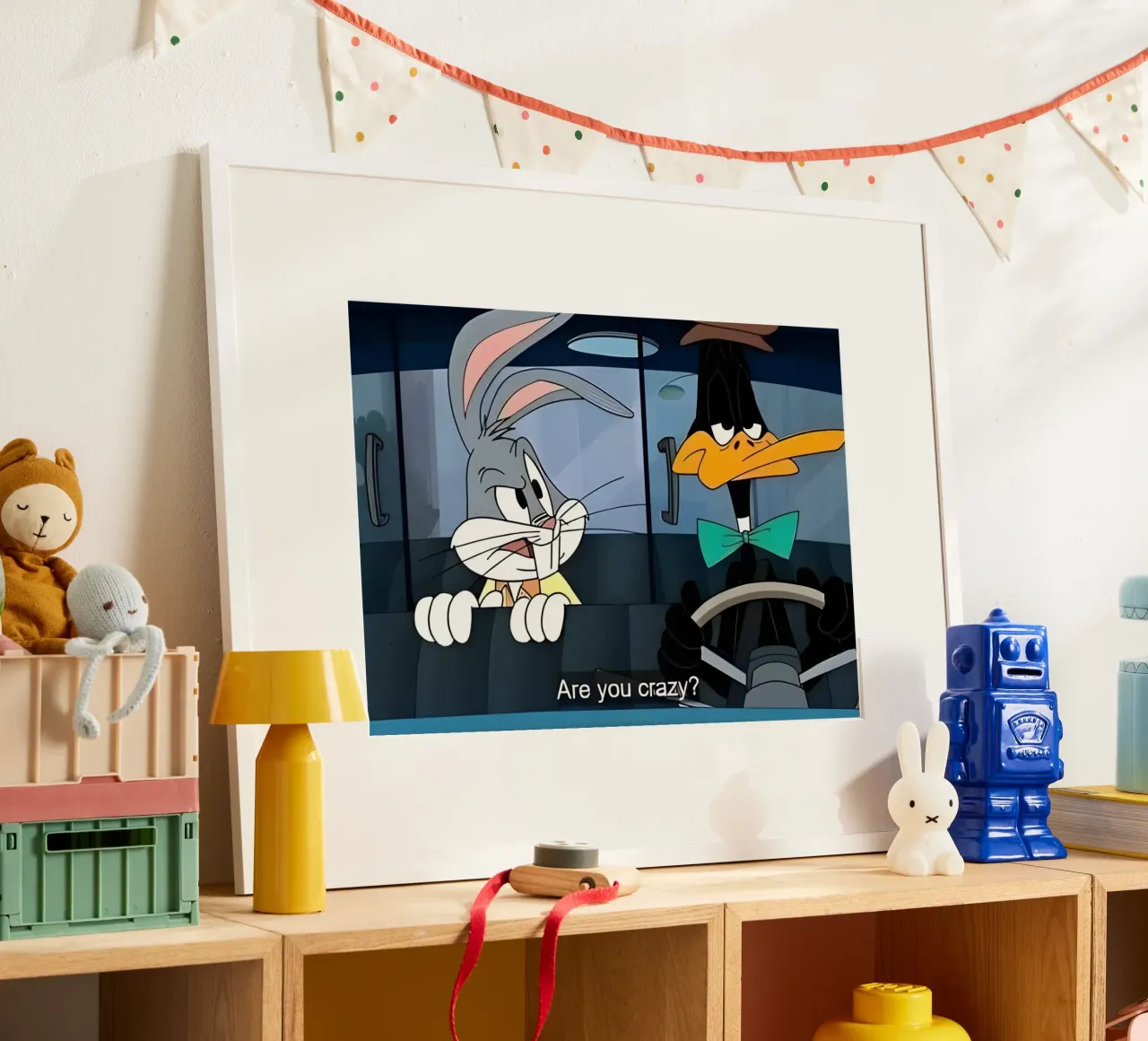Bugs Bunny and Daffy Duck (are you crazy?) poster con telaio in plastica da Low poly art