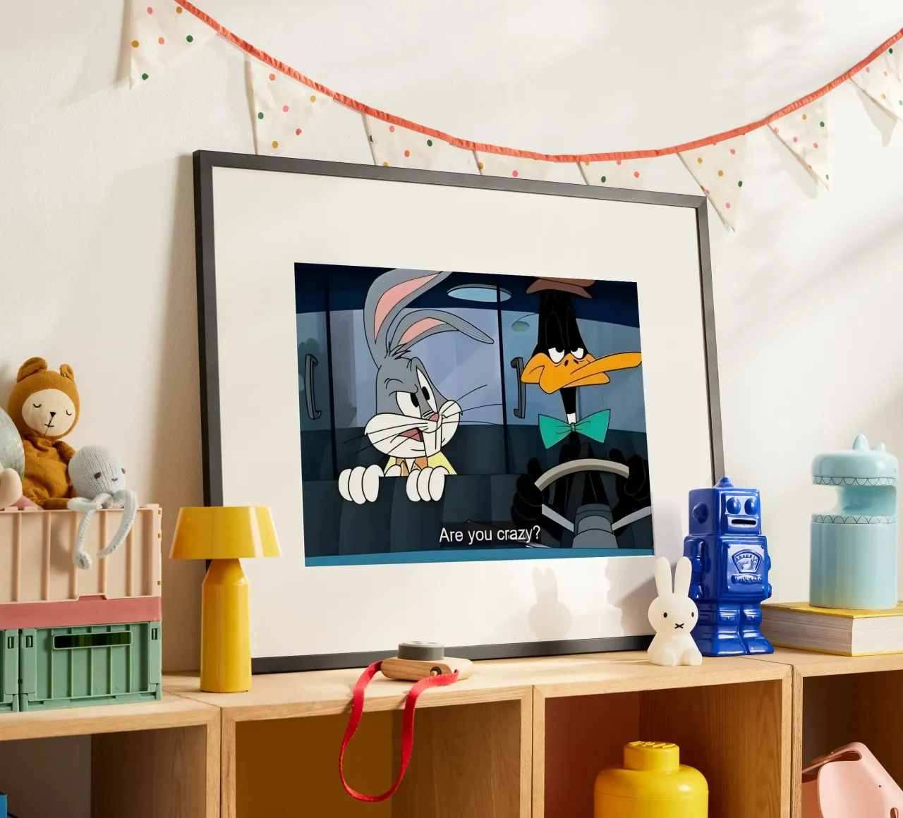 Bugs Bunny and Daffy Duck (are you crazy?) poster con telaio in plastica da Low poly art