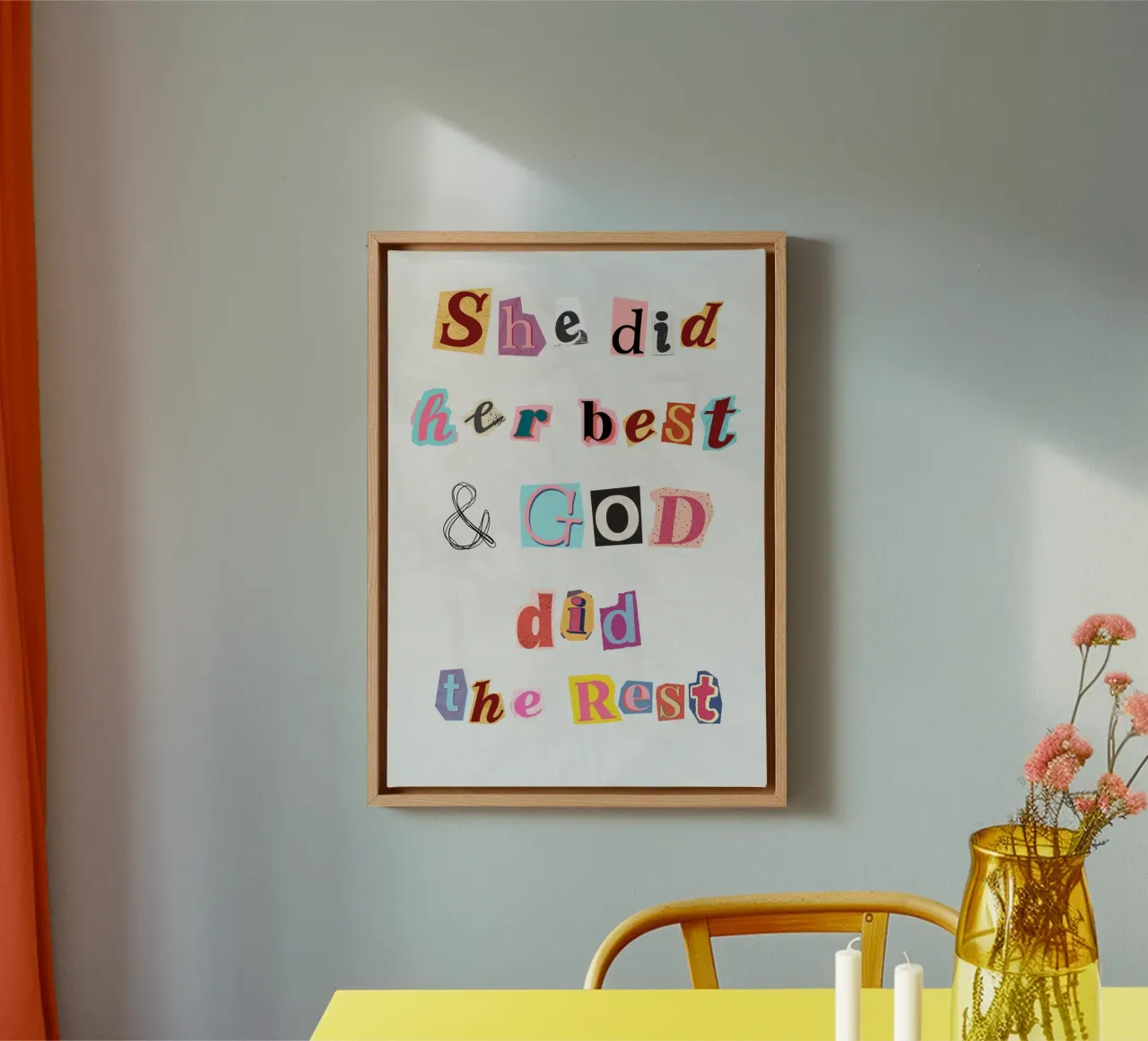Sie tat ihr Bestes, Gott tat den Rest, Collage Art Leinwand mit Schattenfugenrahmen von vintagepod