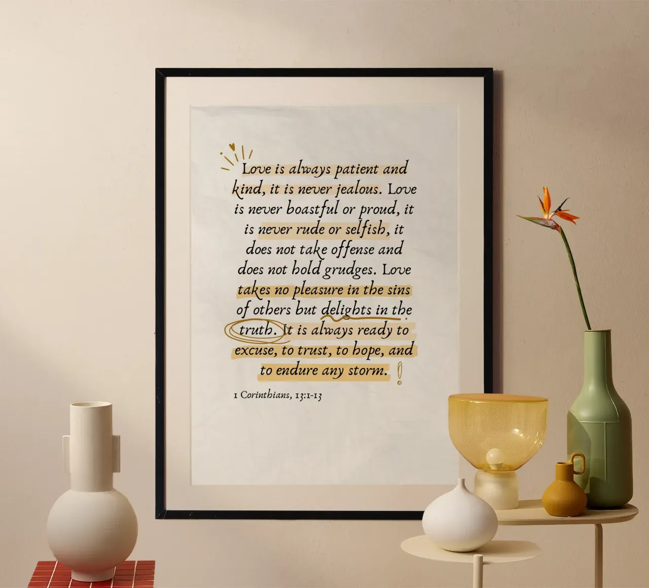 L'amore è paziente, 1 Corinzi 13:1-13 Versetto biblico poster con telaio in plastica da vintagepod