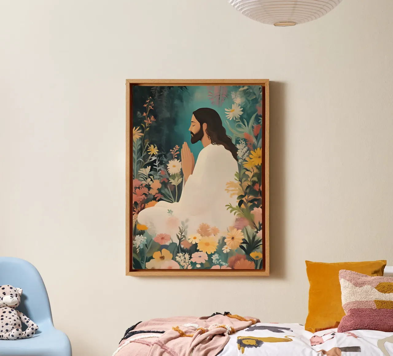 Jezus Mediterend in een Tuin, Moderne Spirituele Kunst canvas met Baklijst van vintagepod