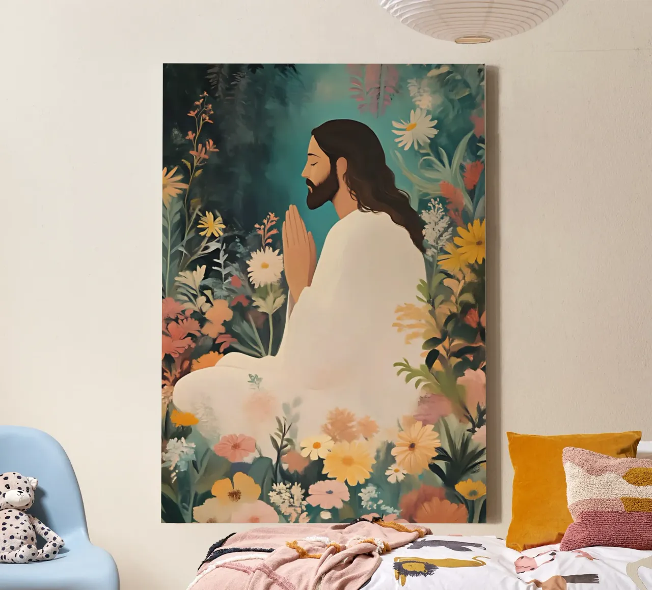 Jezus Mediterend in een Tuin, Moderne Spirituele Kunst canvas met Baklijst van vintagepod