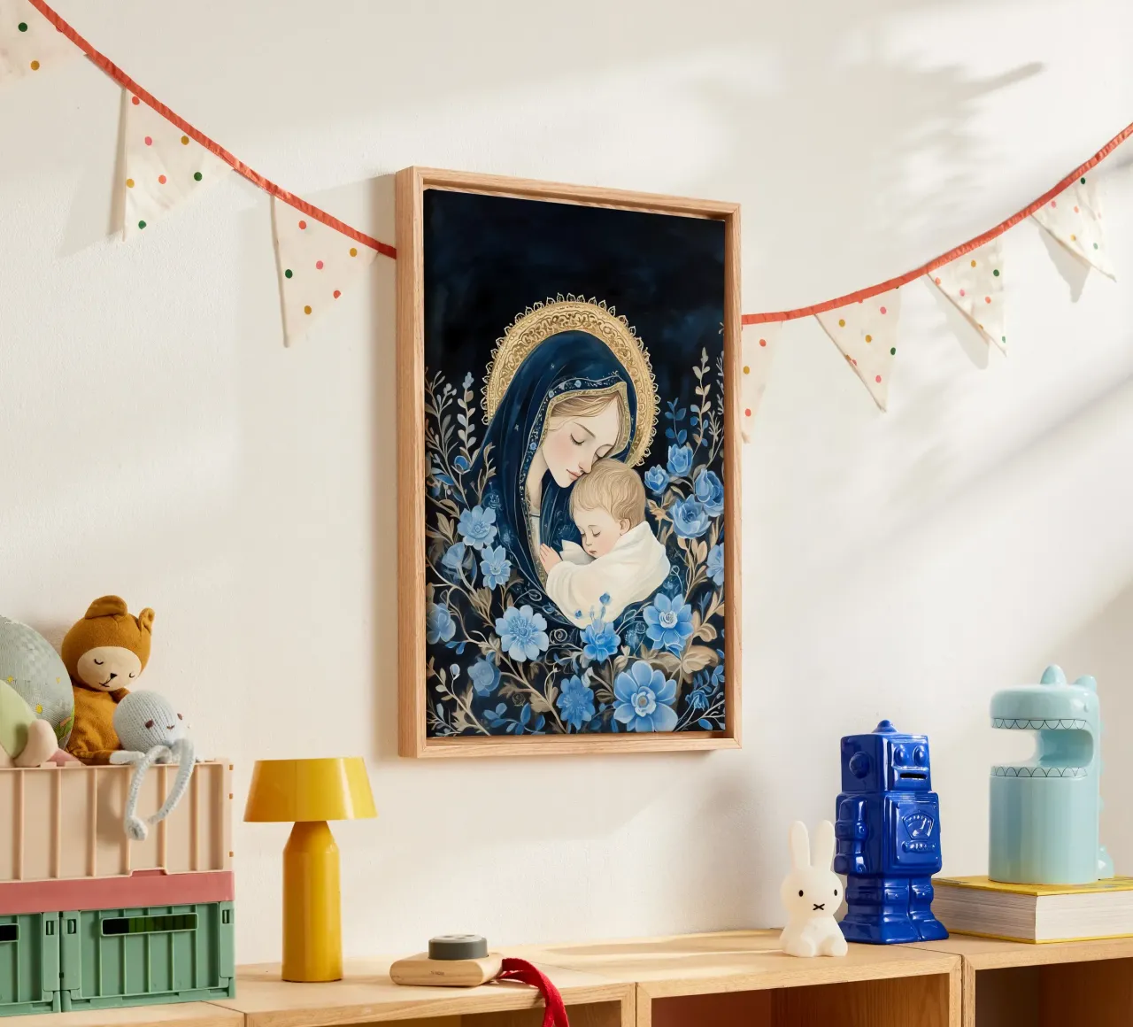 Madonna en Kind, Blauw Bloemige Spirituele Kunstdruk canvas met Baklijst van vintagepod