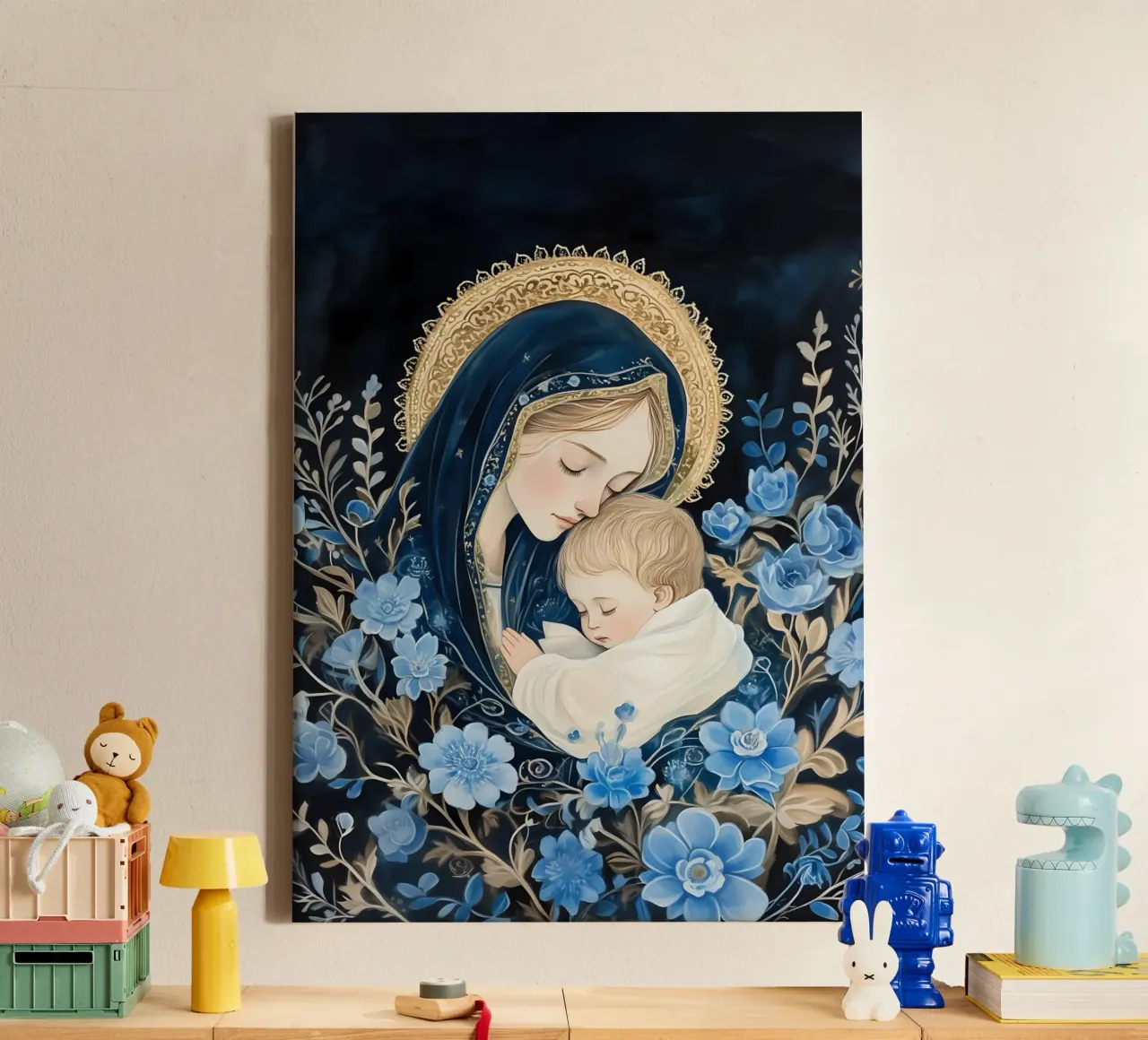 Madonna en Kind, Blauw Bloemige Spirituele Kunstdruk canvas met Baklijst van vintagepod