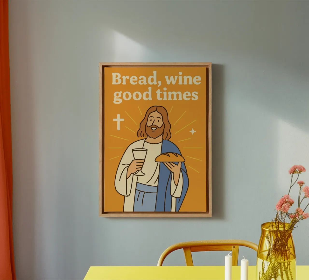 Bread, Wine, Good Times, Funny Jesus Art Print canvas with Floater frame by vintagepod