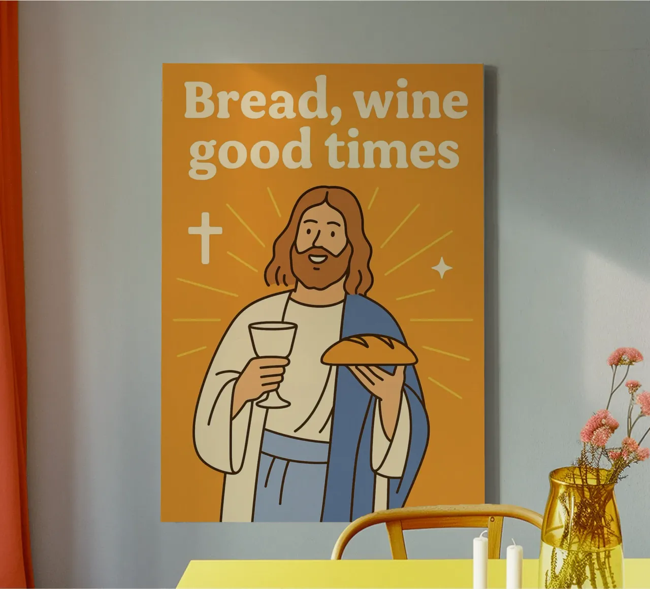 Bread, Wine, Good Times, Funny Jesus Art Print canvas with Floater frame by vintagepod