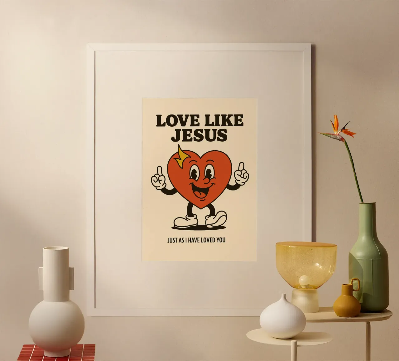 Amore come Gesù, fumetto cristiano sul cuore poster con telaio in plastica da vintagepod