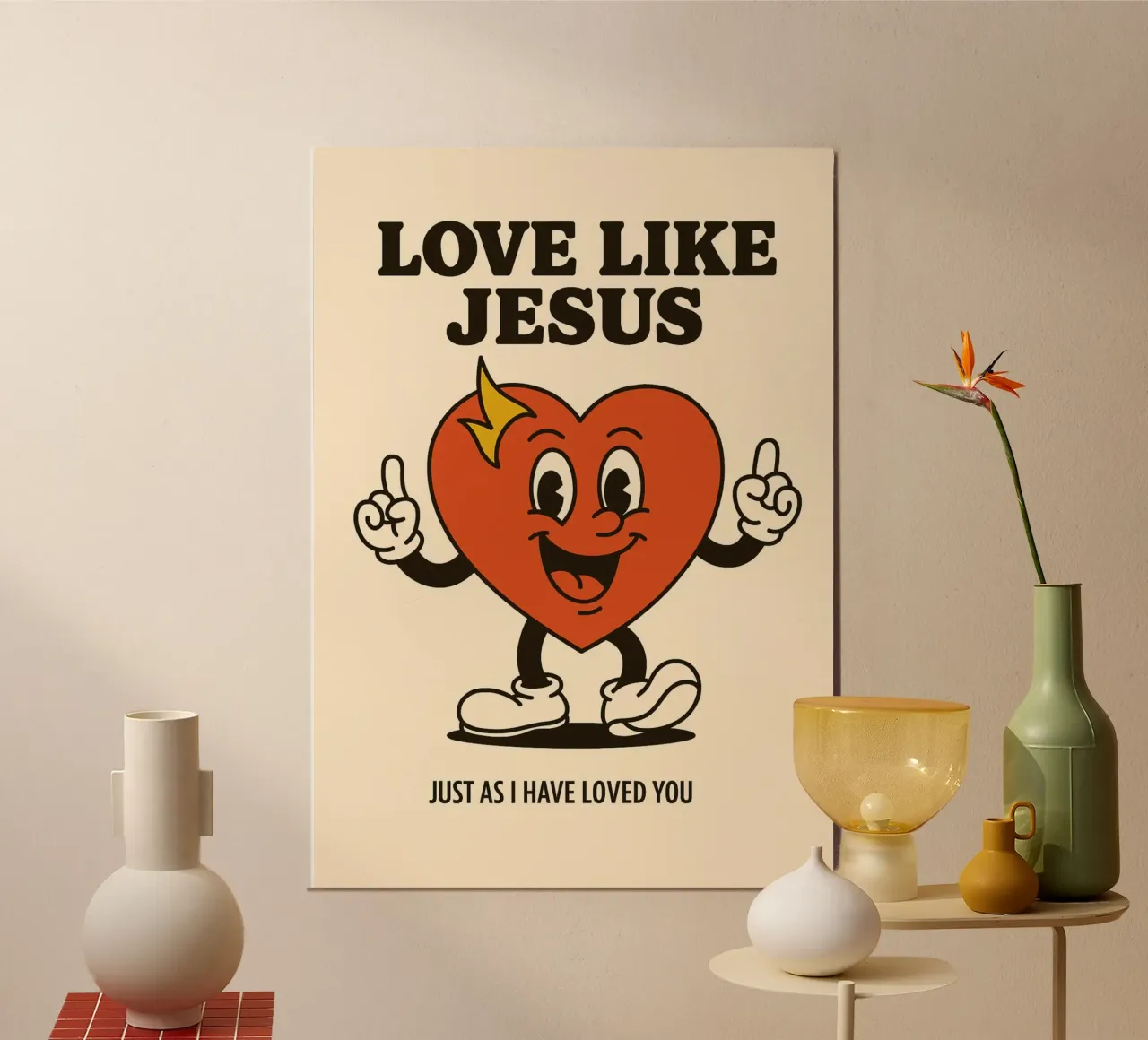 Amore come Gesù, fumetto cristiano sul cuore poster con telaio in plastica da vintagepod