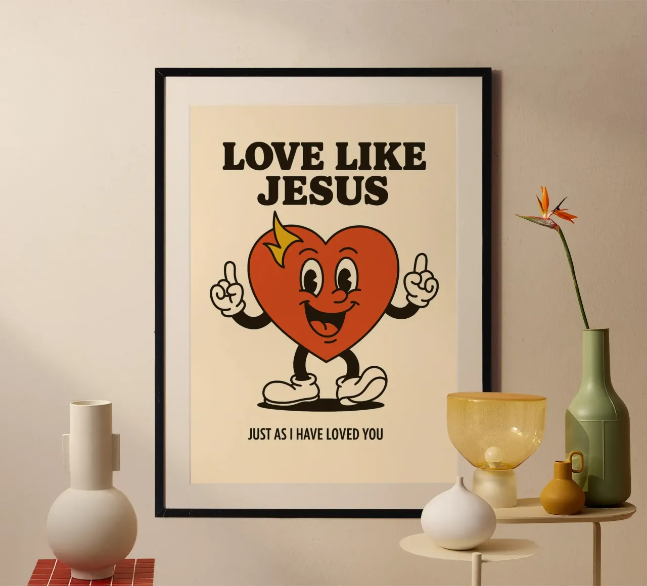 Amore come Gesù, fumetto cristiano sul cuore poster con telaio in plastica da vintagepod
