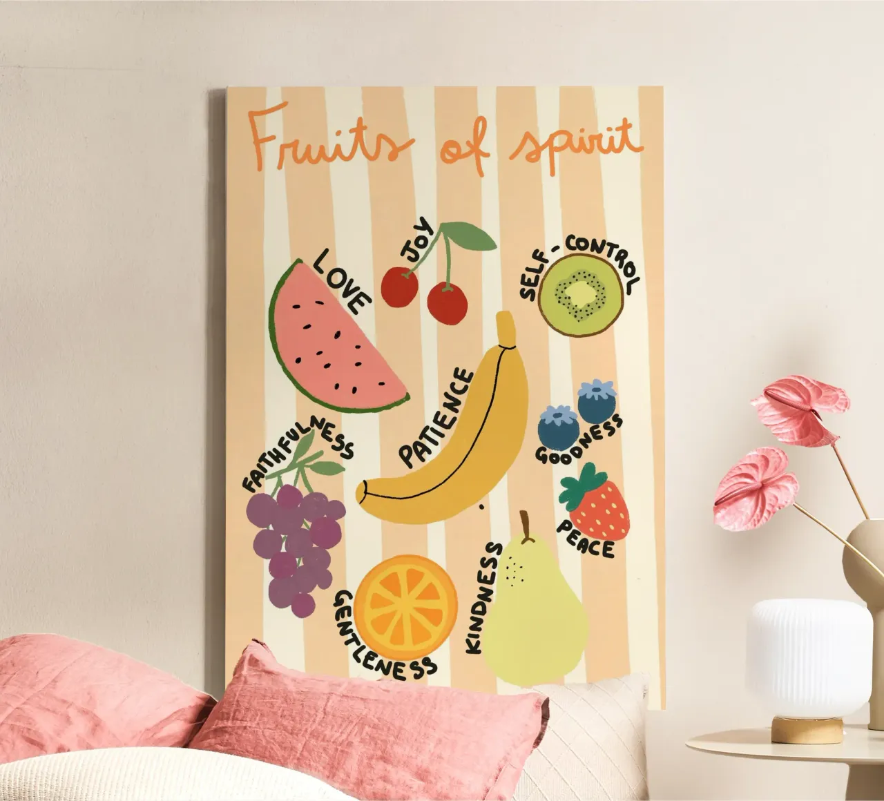 Vruchten van de Geest, Moderne Christelijke Kunst canvas met Baklijst van vintagepod