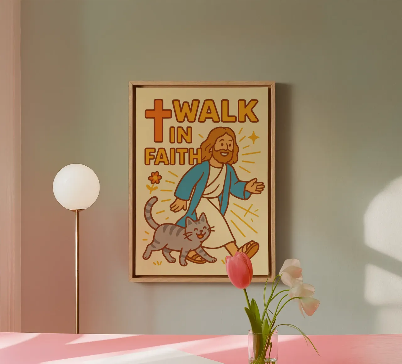 Wandel in Geloof, Jezus met Kat, Schattige Christelijke Kunst canvas met Baklijst van vintagepod