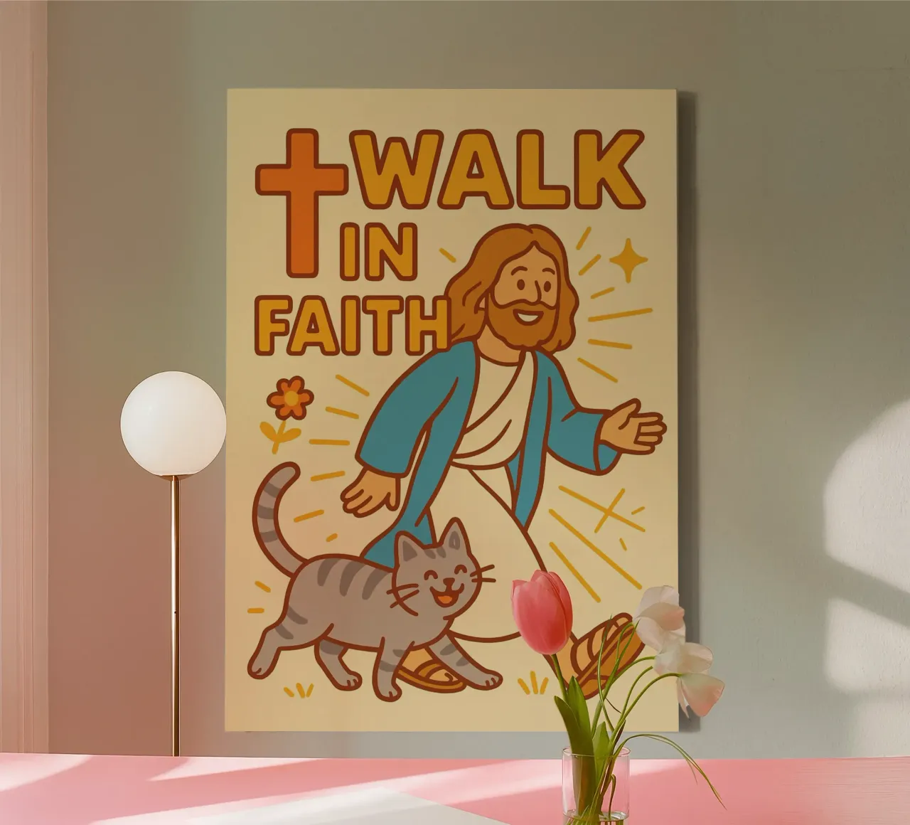 Wandel in Geloof, Jezus met Kat, Schattige Christelijke Kunst canvas met Baklijst van vintagepod