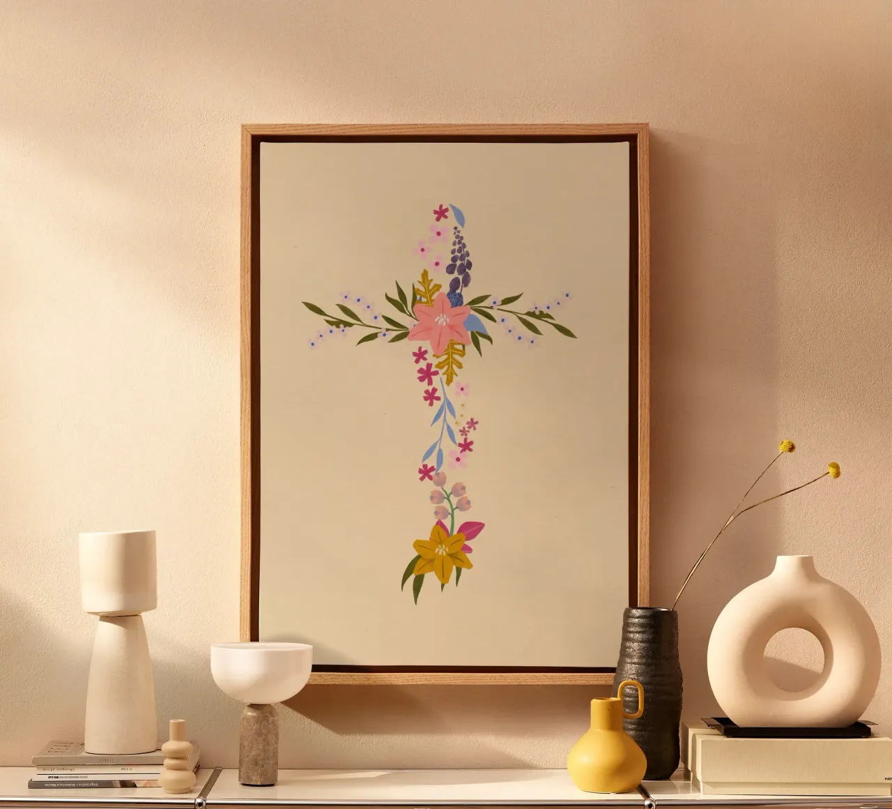 Floral Cross, Christian Abstract Art Print canvas with Floater frame by vintagepod