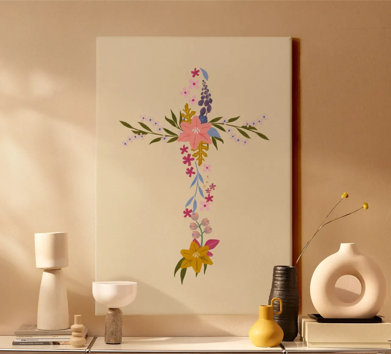 Floral Cross, Christian Abstract Art Print canvas with Floater frame by vintagepod