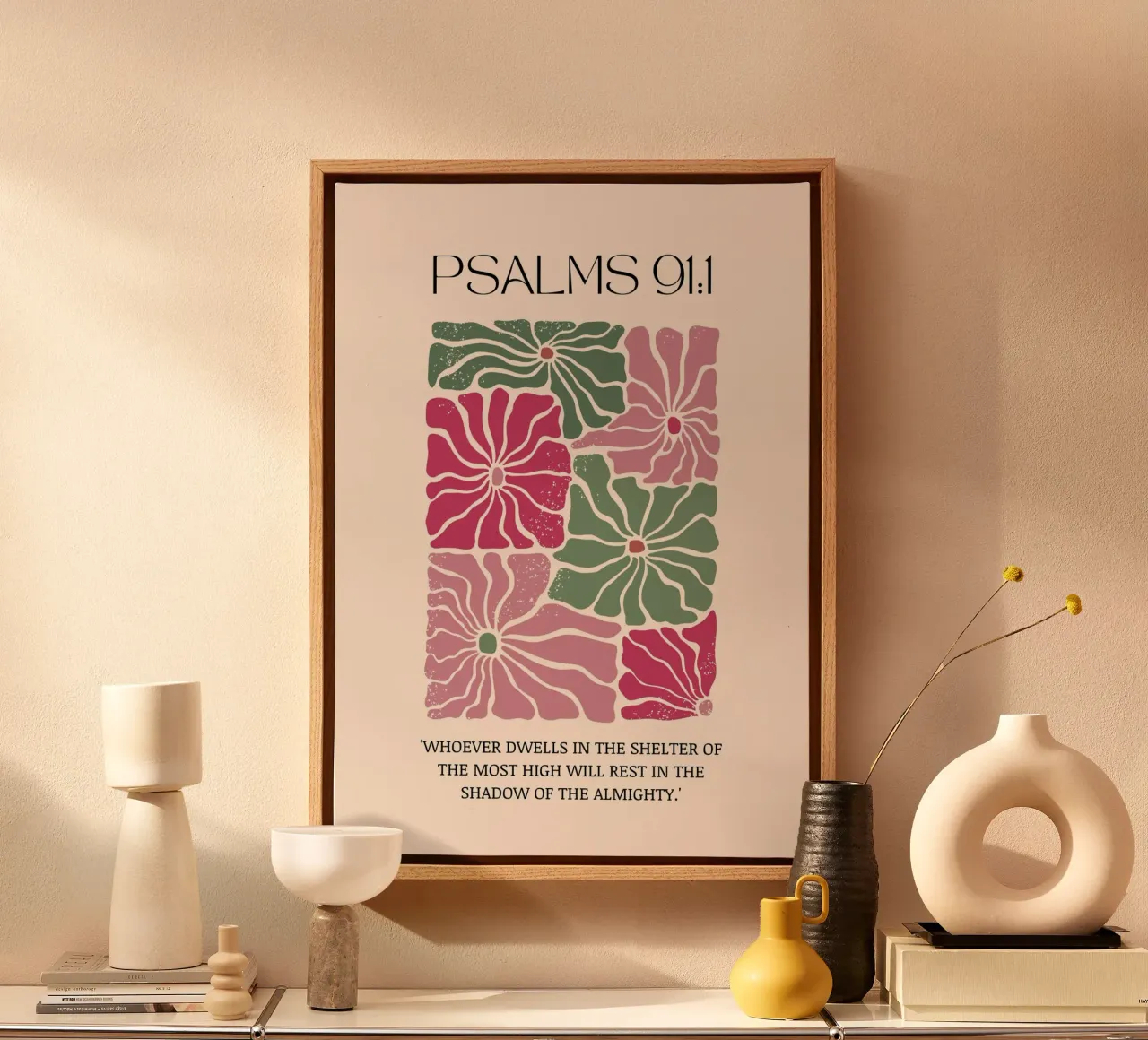 Psalmen 91:1 Bloemsierkunst, Spirituele Vrede Print canvas met Baklijst van vintagepod