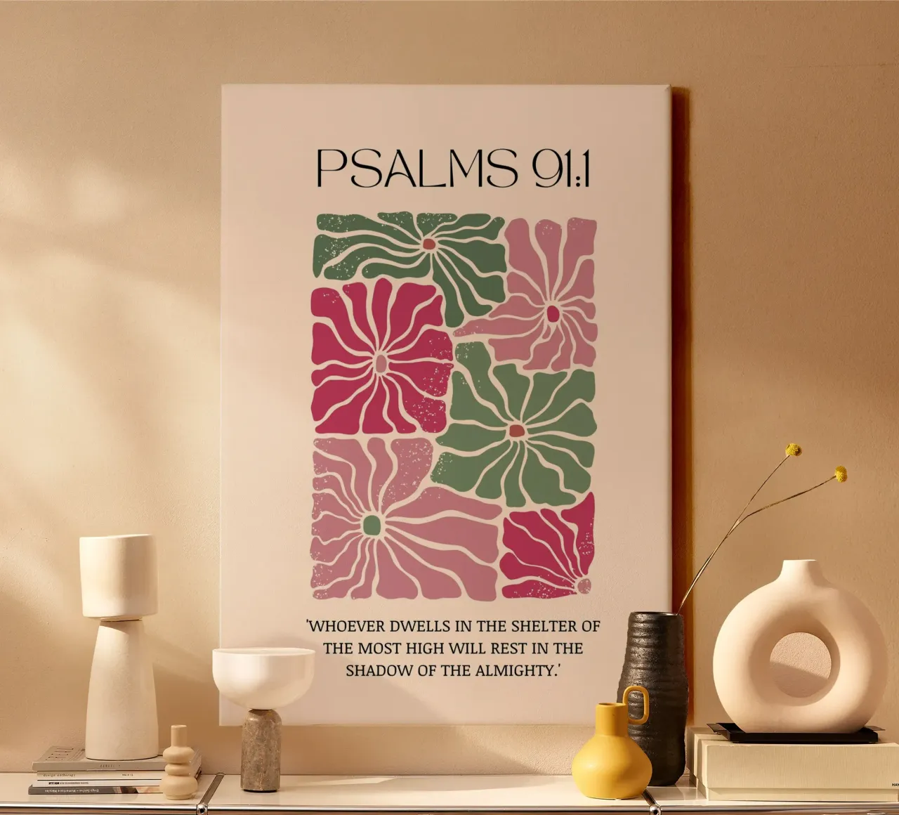 Psalmen 91:1 Bloemsierkunst, Spirituele Vrede Print canvas met Baklijst van vintagepod