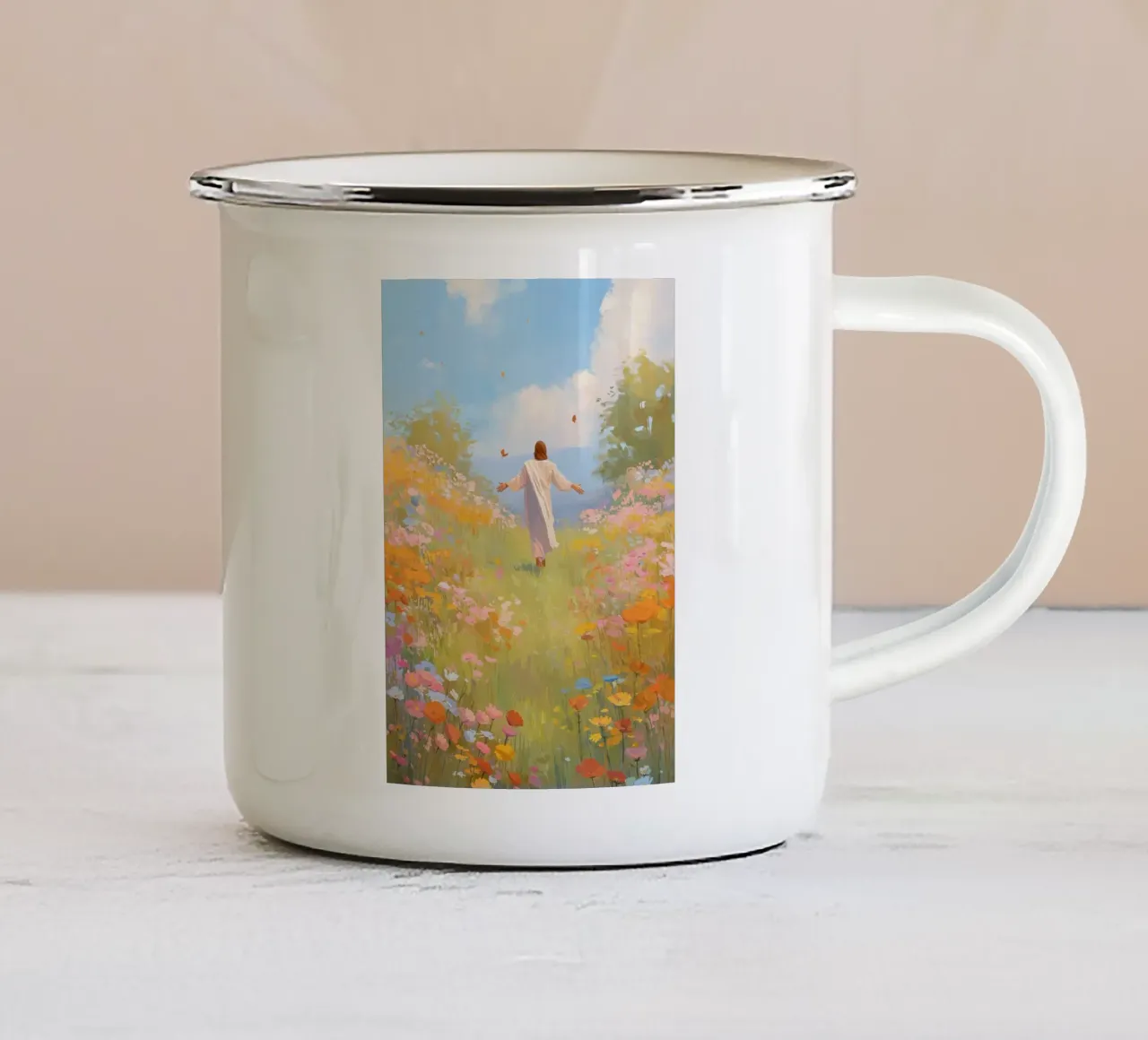 Gesù in un prato, libertà e gioia spirituale tazza in smalto da vintagepod