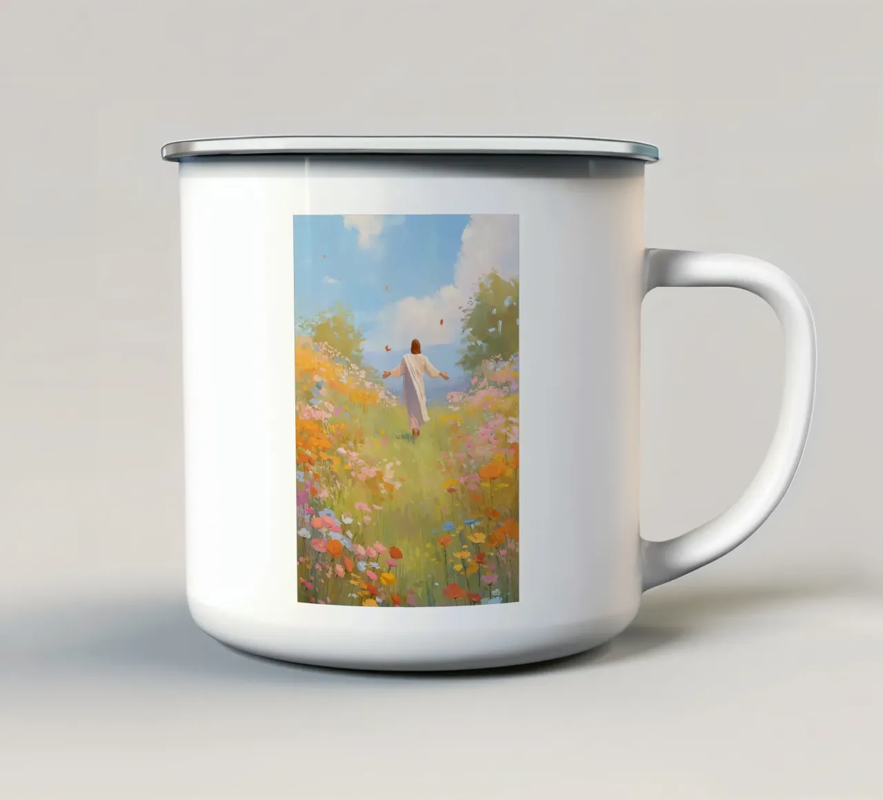 Gesù in un prato, libertà e gioia spirituale tazza in smalto da vintagepod