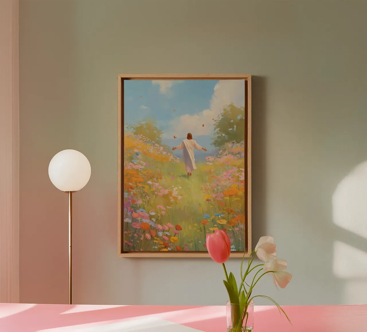 Jesus in a Meadow, Spiritual Freedom and Joy canvas with Floater frame by vintagepod