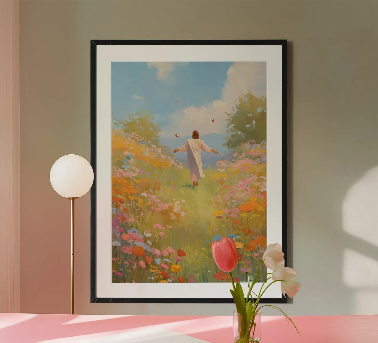 Jezus in een weide, spirituele vrijheid en vreugde poster van vintagepod