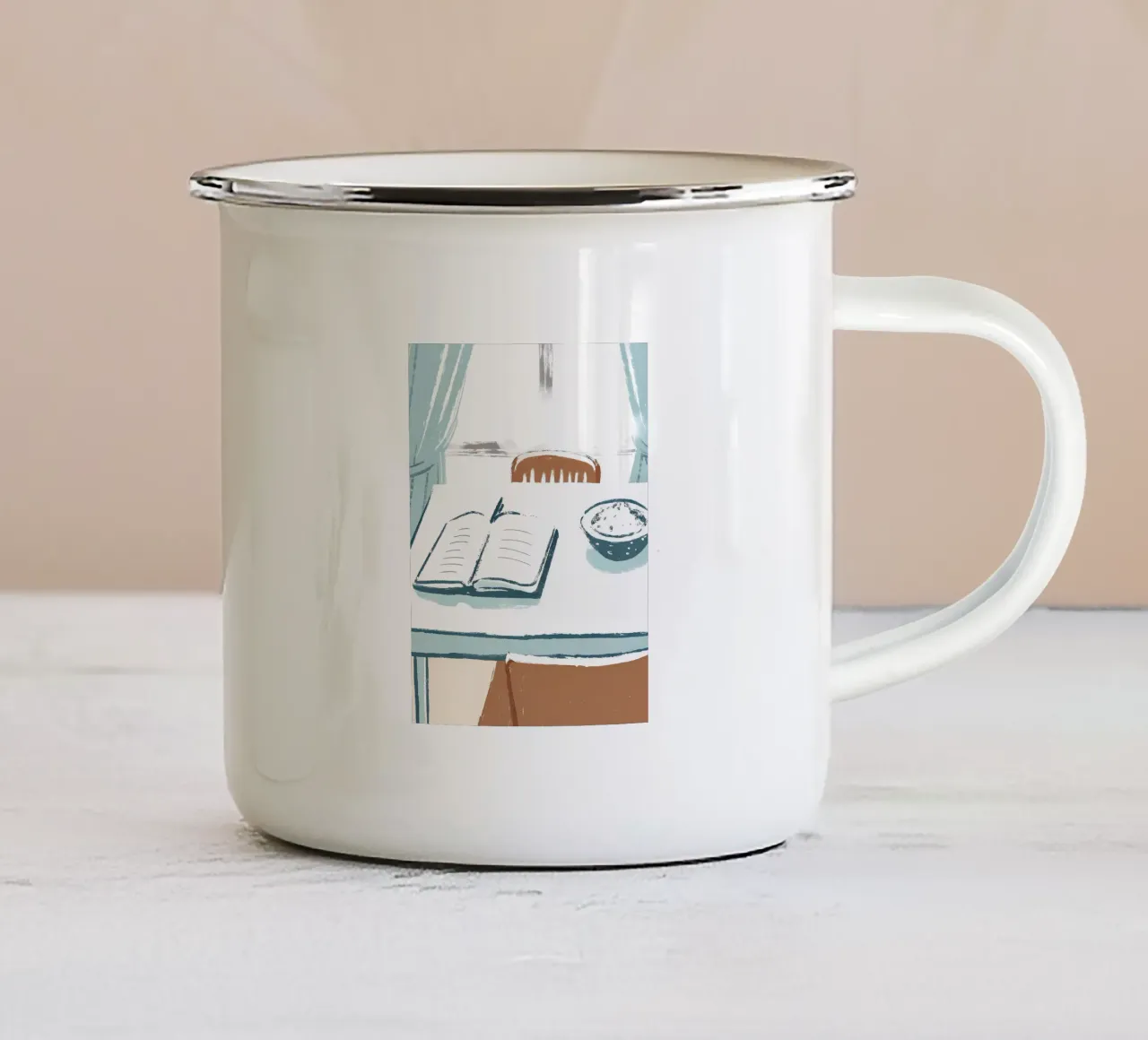 Colazione e libro in tavola tazza in smalto da PREKETEWE