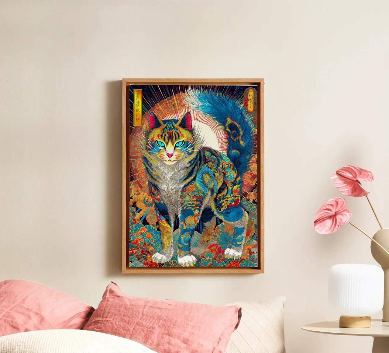 Gatto Ukiyo-e tela con Cornice a cassetta da Fleur de Lys