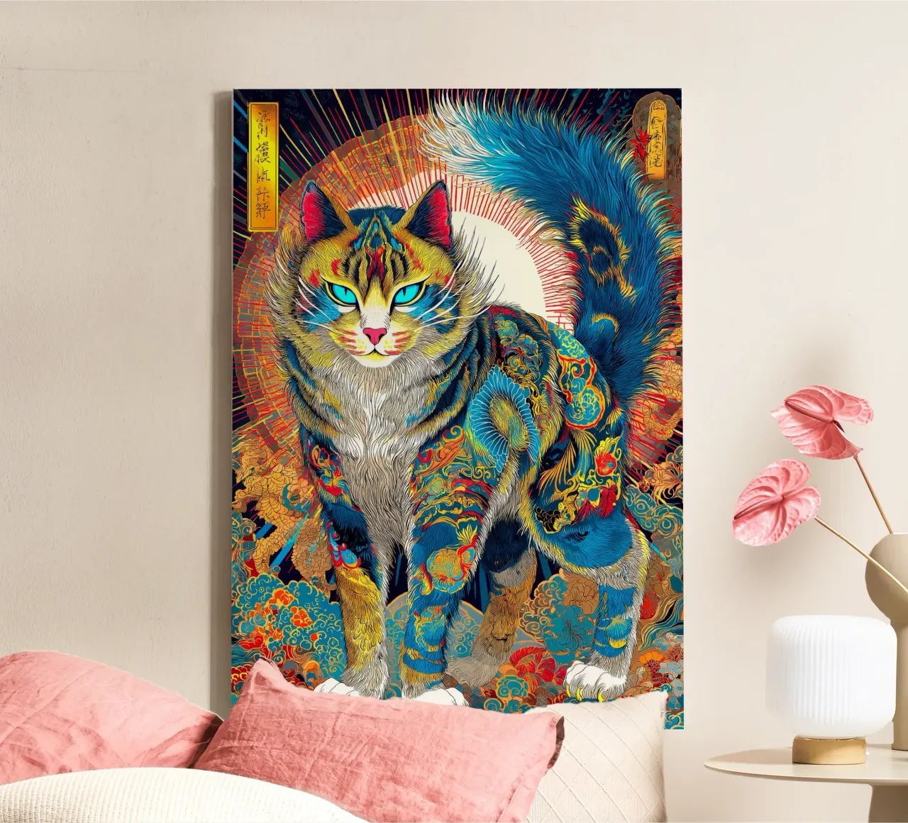 Gatto Ukiyo-e tela con Cornice a cassetta da Fleur de Lys