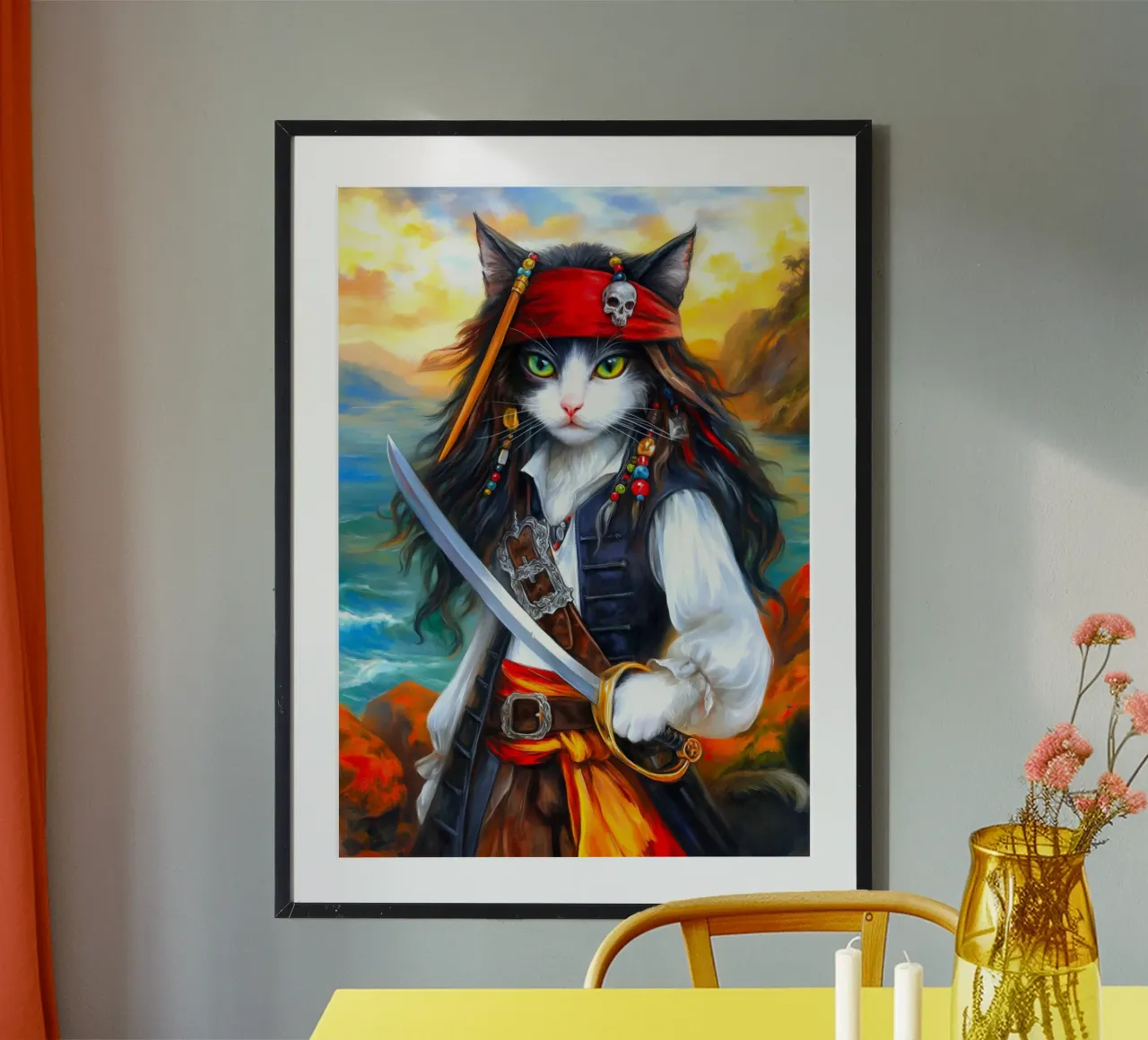 Pirati Capitan Cat poster con telaio in legno da Fleur de Lys