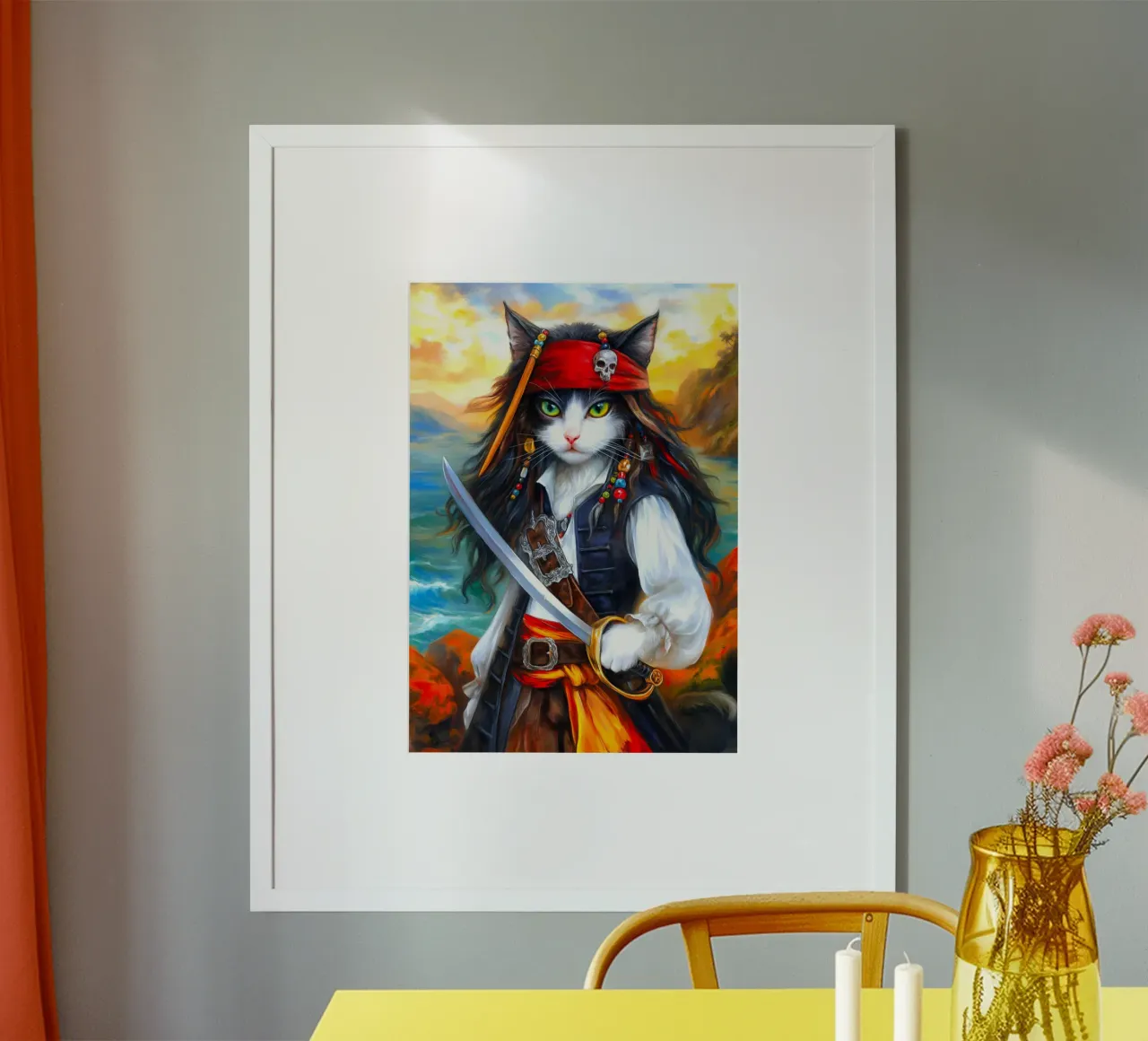 Pirati Capitan Cat poster con telaio in legno da Fleur de Lys