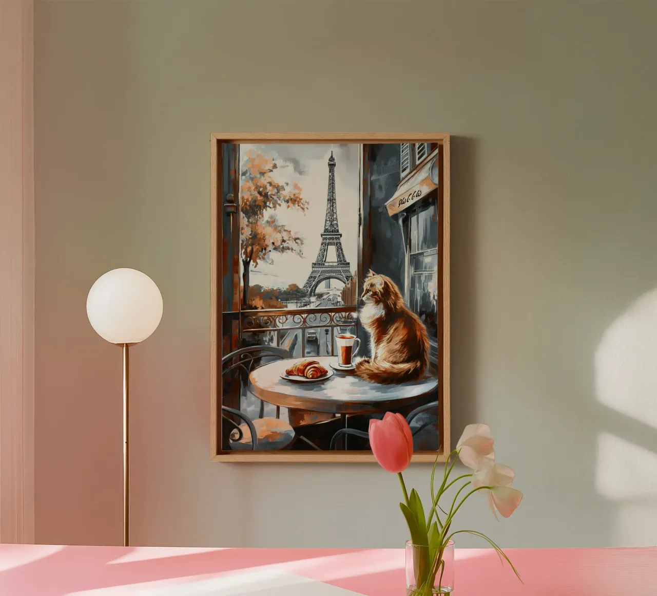 Parisian Cat with Coffee and Croissant canvas with Floater frame by Fleur de Lys