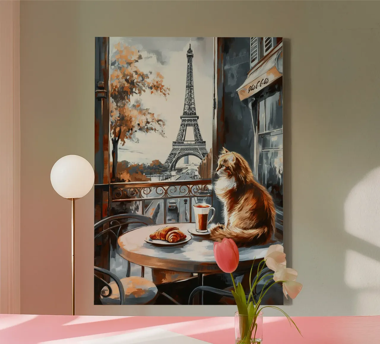 Parisian Cat with Coffee and Croissant canvas with Floater frame by Fleur de Lys