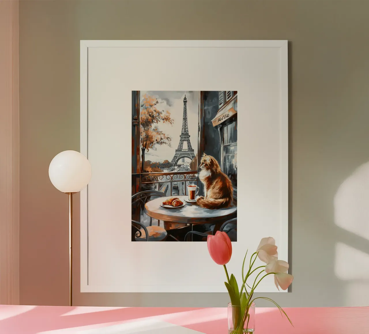 Gatto parigino con caffè e croissant poster da Fleur de Lys