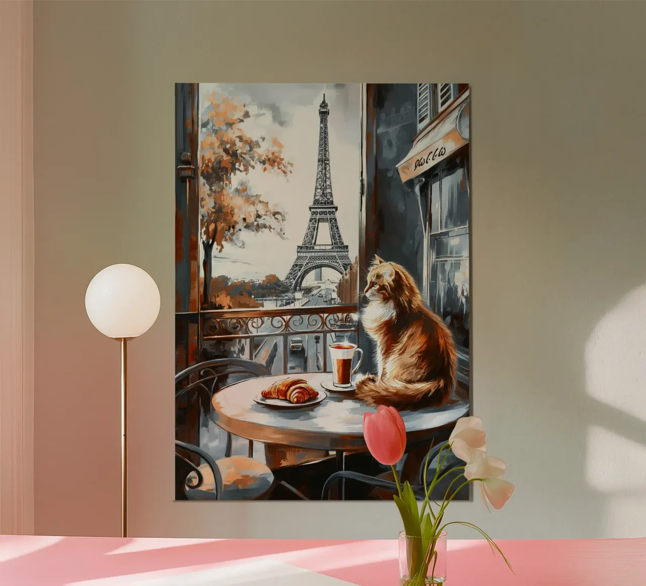 Gatto parigino con caffè e croissant poster da Fleur de Lys