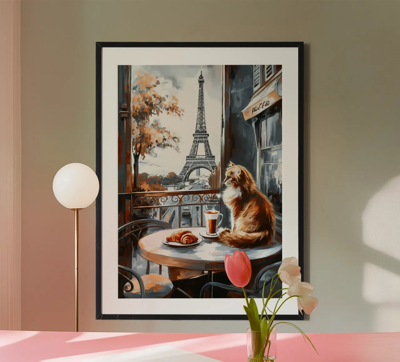 Gatto parigino con caffè e croissant poster da Fleur de Lys