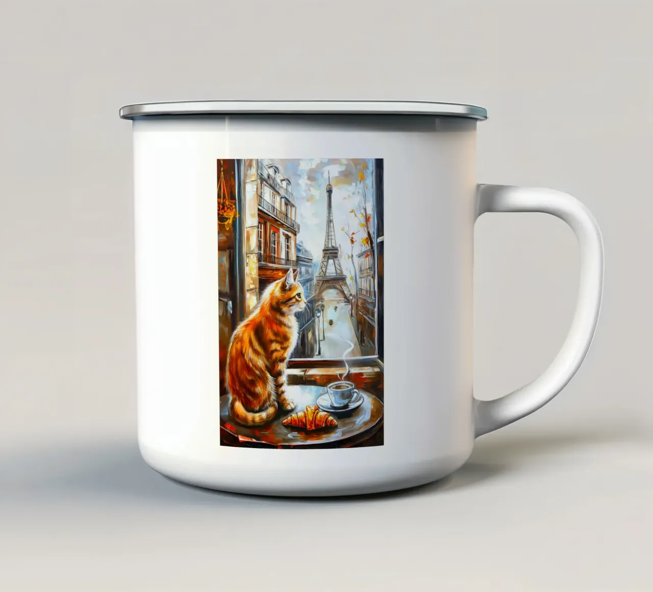 Gatto parigino con caffè e croissant tazza in smalto da Fleur de Lys