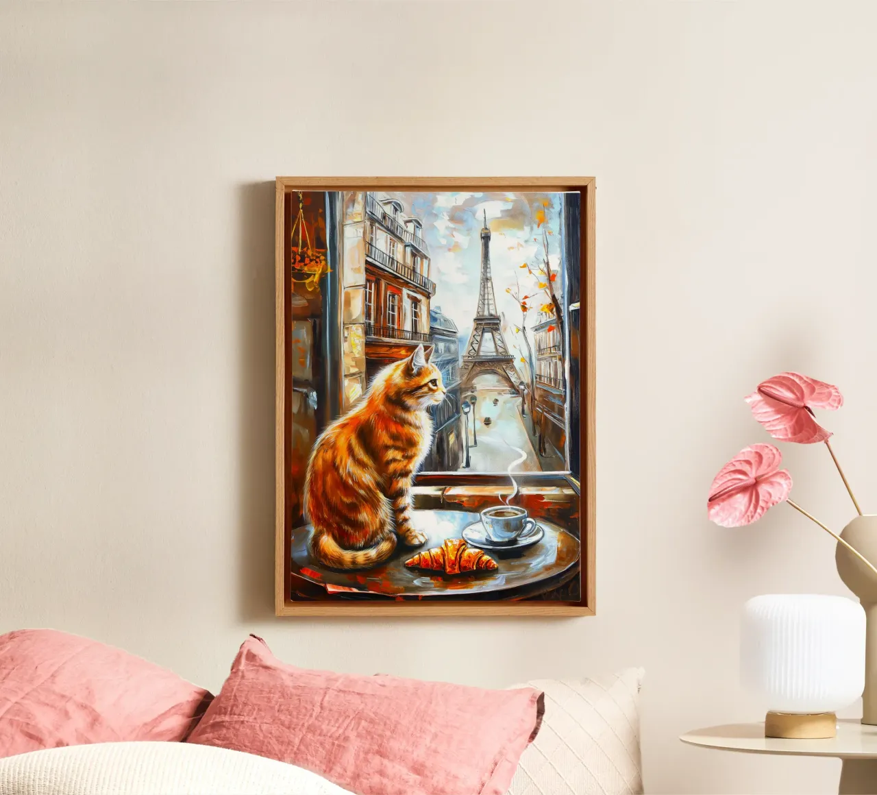 Parisian Cat with Coffee and Croissant canvas with Floater frame by Fleur de Lys