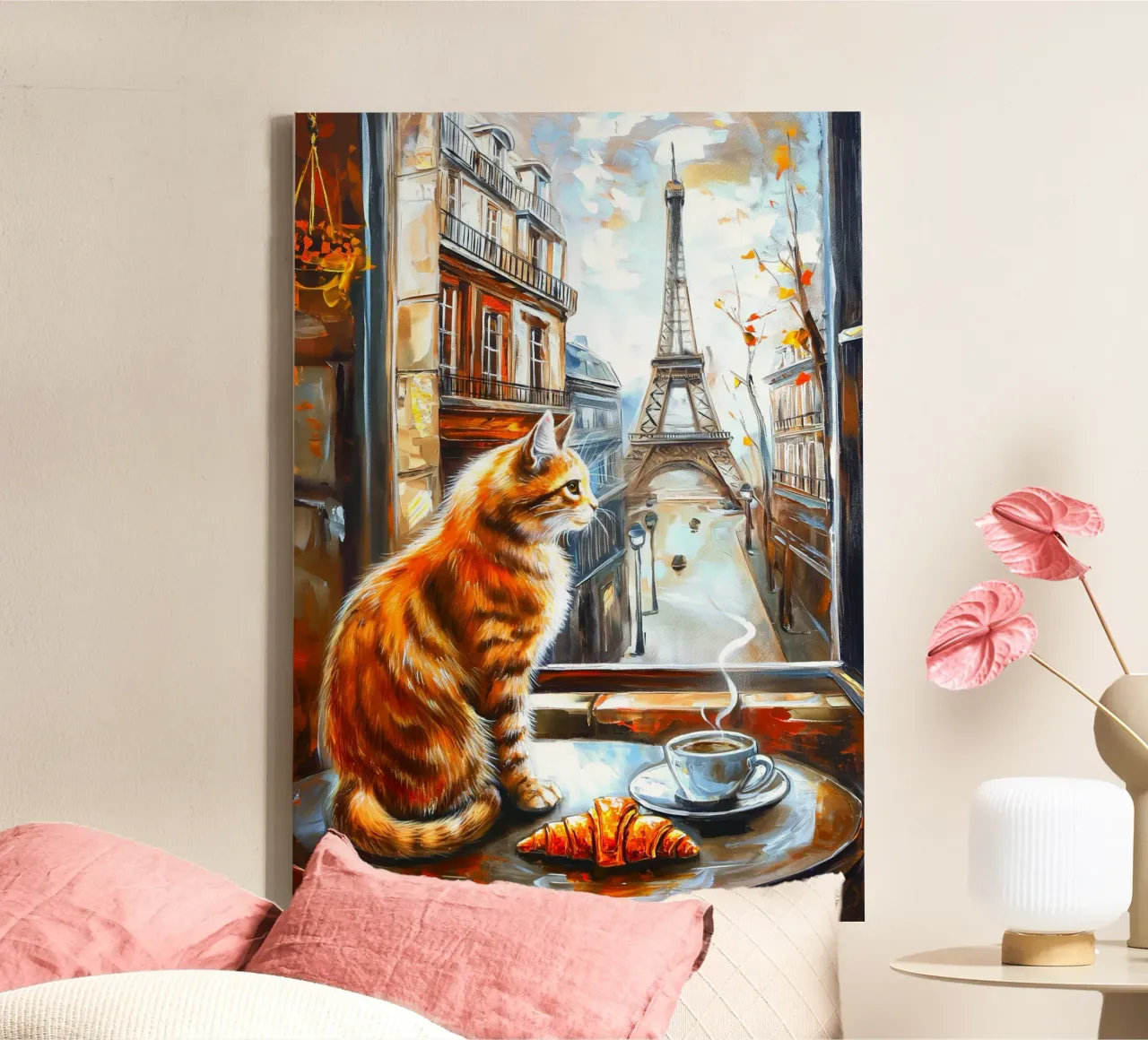 Parisian Cat with Coffee and Croissant canvas with Floater frame by Fleur de Lys